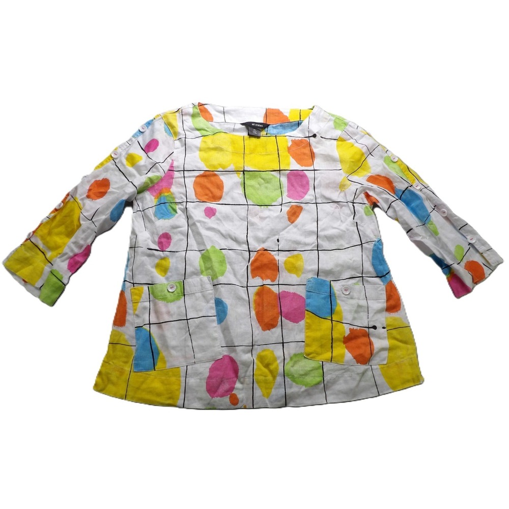 Ali Miles Abstract Art Print Linen Tunıc Top Women Petite Small PS Multicolored